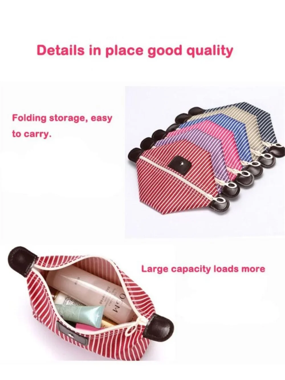 Striped Makeup Bag Cosmetic Organizer Travel Toiletry Pouch Waterproof Zipper